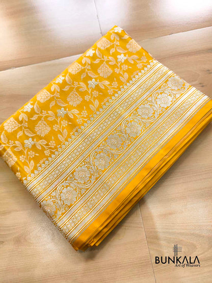 Mustard Yellow Jamewar Weaved Floral Banarasi Mashru Silk Saree