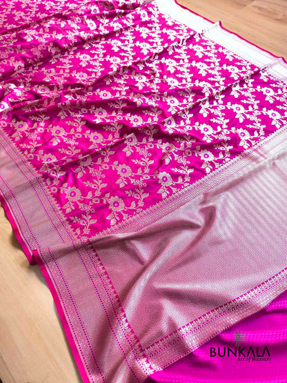 Magenta Pink Jamewar Weaved Meenakari Floral Jaal Banarasi Mashru Silk Saree