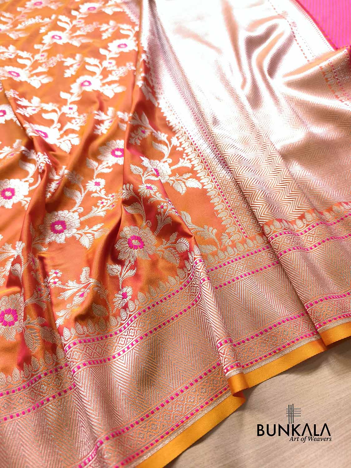 Orange Pink Shot Jamewar Weaved Meenakari Floral Jaal Banarasi Mashru Silk Saree