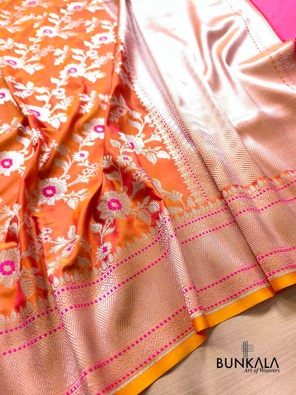 Orange Pink Shot Jamewar Weaved Meenakari Floral Jaal Banarasi Mashru Silk Saree