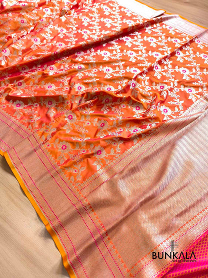 Orange Pink Shot Jamewar Weaved Meenakari Floral Jaal Banarasi Mashru Silk Saree