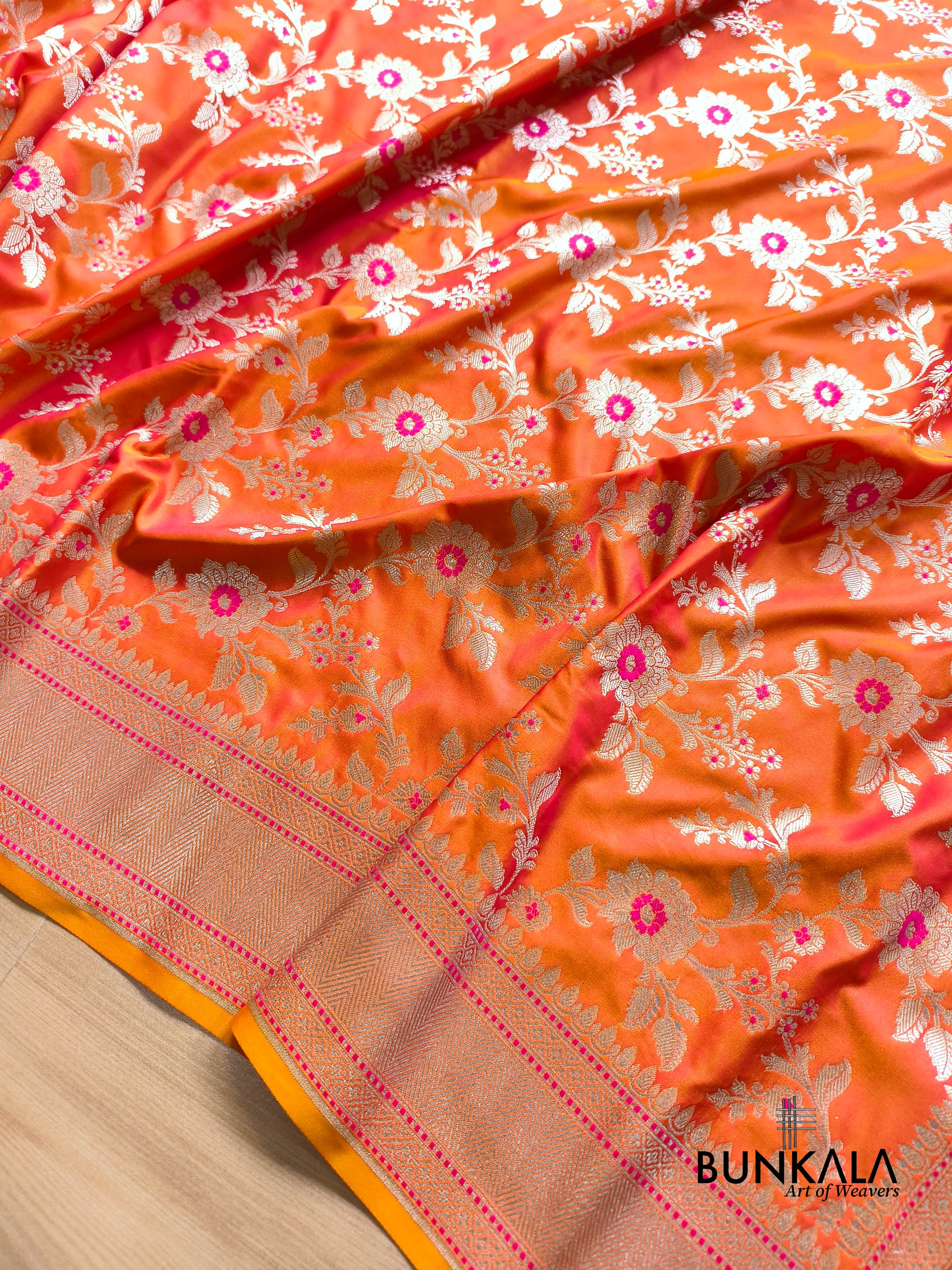 Orange Pink Shot Jamewar Weaved Meenakari Floral Jaal Banarasi Mashru Silk Saree
