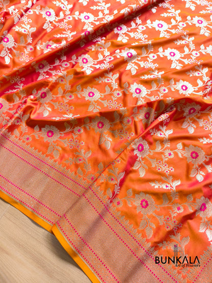 Orange Pink Shot Jamewar Weaved Meenakari Floral Jaal Banarasi Mashru Silk Saree