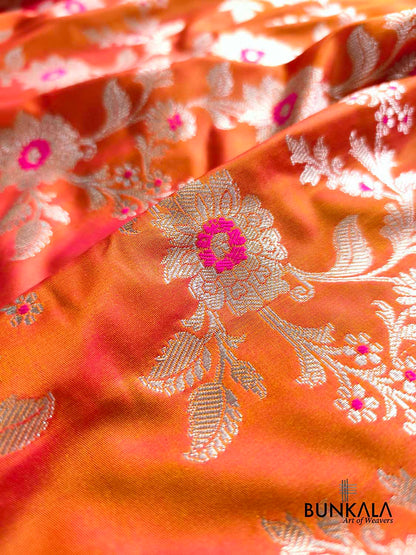 Orange Pink Shot Jamewar Weaved Meenakari Floral Jaal Banarasi Mashru Silk Saree