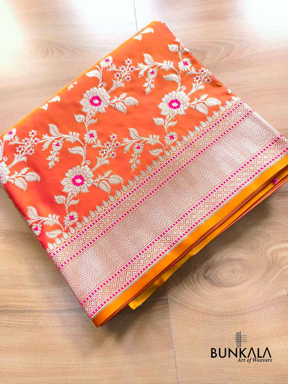 Orange Pink Shot Jamewar Weaved Meenakari Floral Jaal Banarasi Mashru Silk Saree