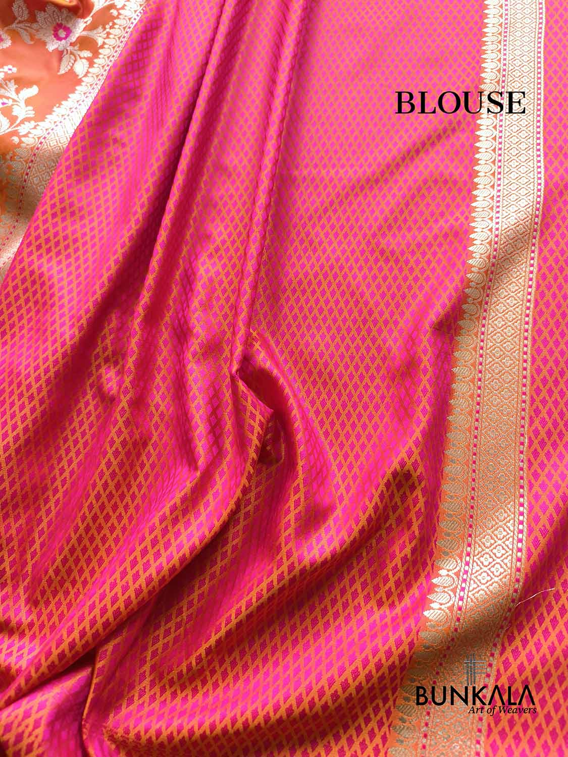Orange Pink Shot Jamewar Weaved Meenakari Floral Jaal Banarasi Mashru Silk Saree