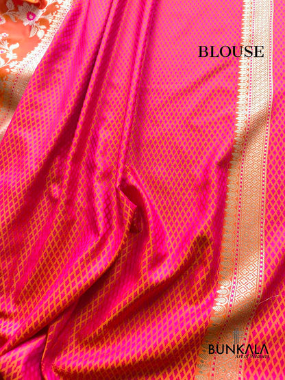 Orange Pink Shot Jamewar Weaved Meenakari Floral Jaal Banarasi Mashru Silk Saree