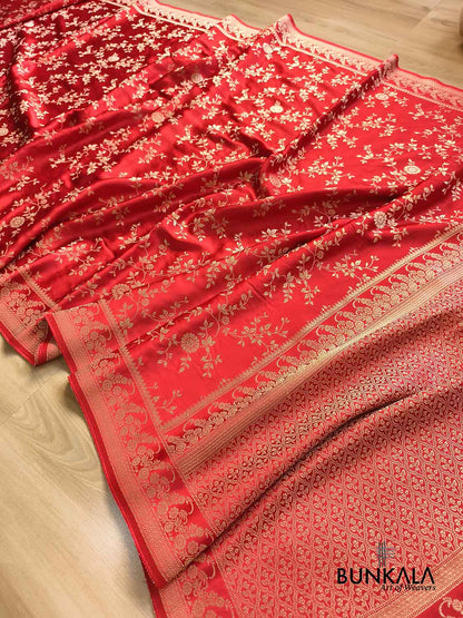 Classic Bridal Red Woven Jaal Traditional Border Banarasi Mashru Silk Saree
