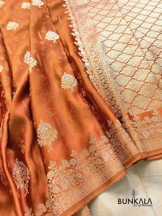 Rust Orange Woven Tree Motif Buta Konia Border Banarasi Mashru Silk Saree