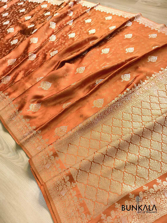 Rust Orange Woven Tree Motif Buta Konia Border Banarasi Mashru Silk Saree