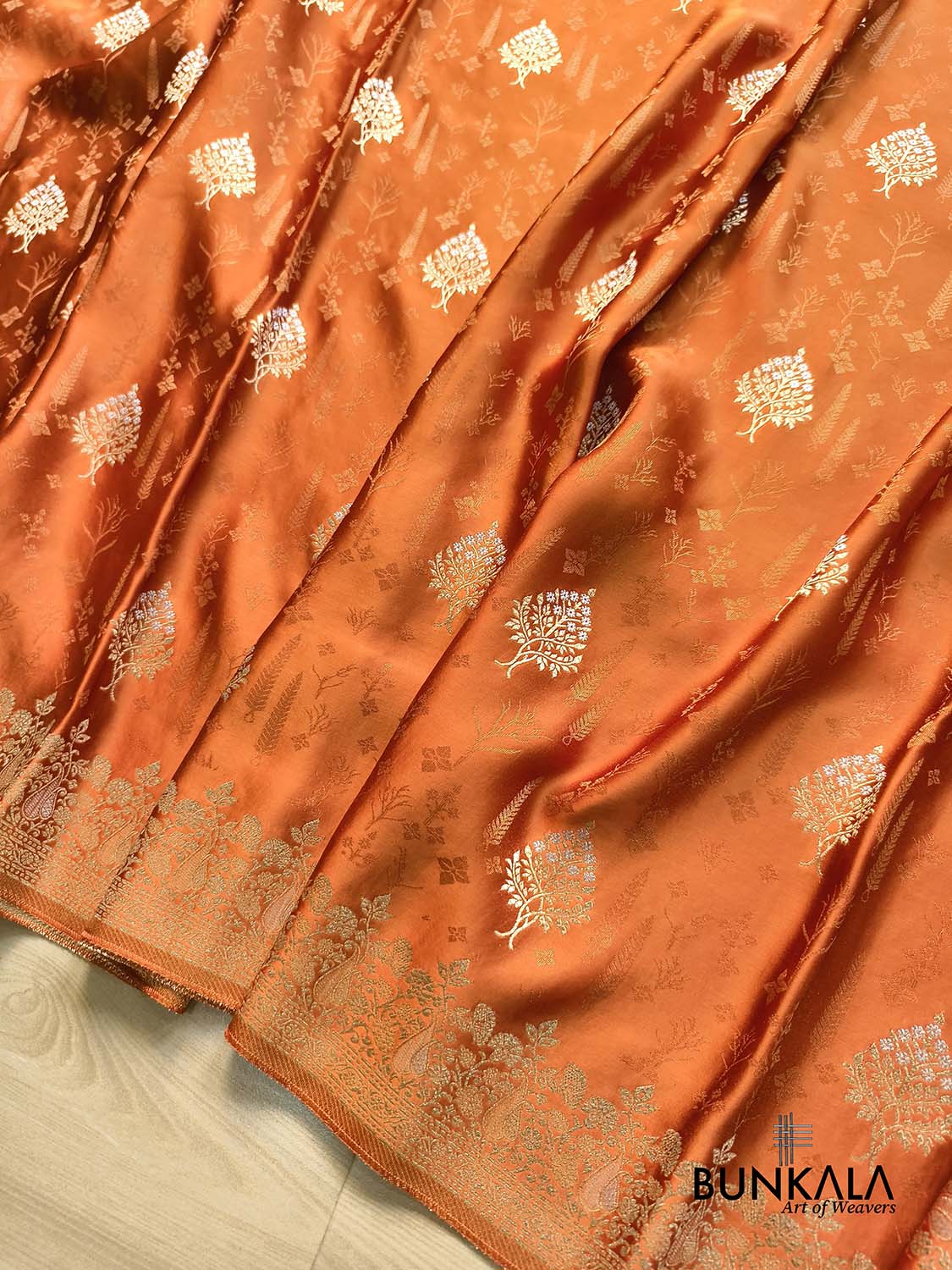 Rust Orange Woven Tree Motif Buta Konia Border Banarasi Mashru Silk Saree