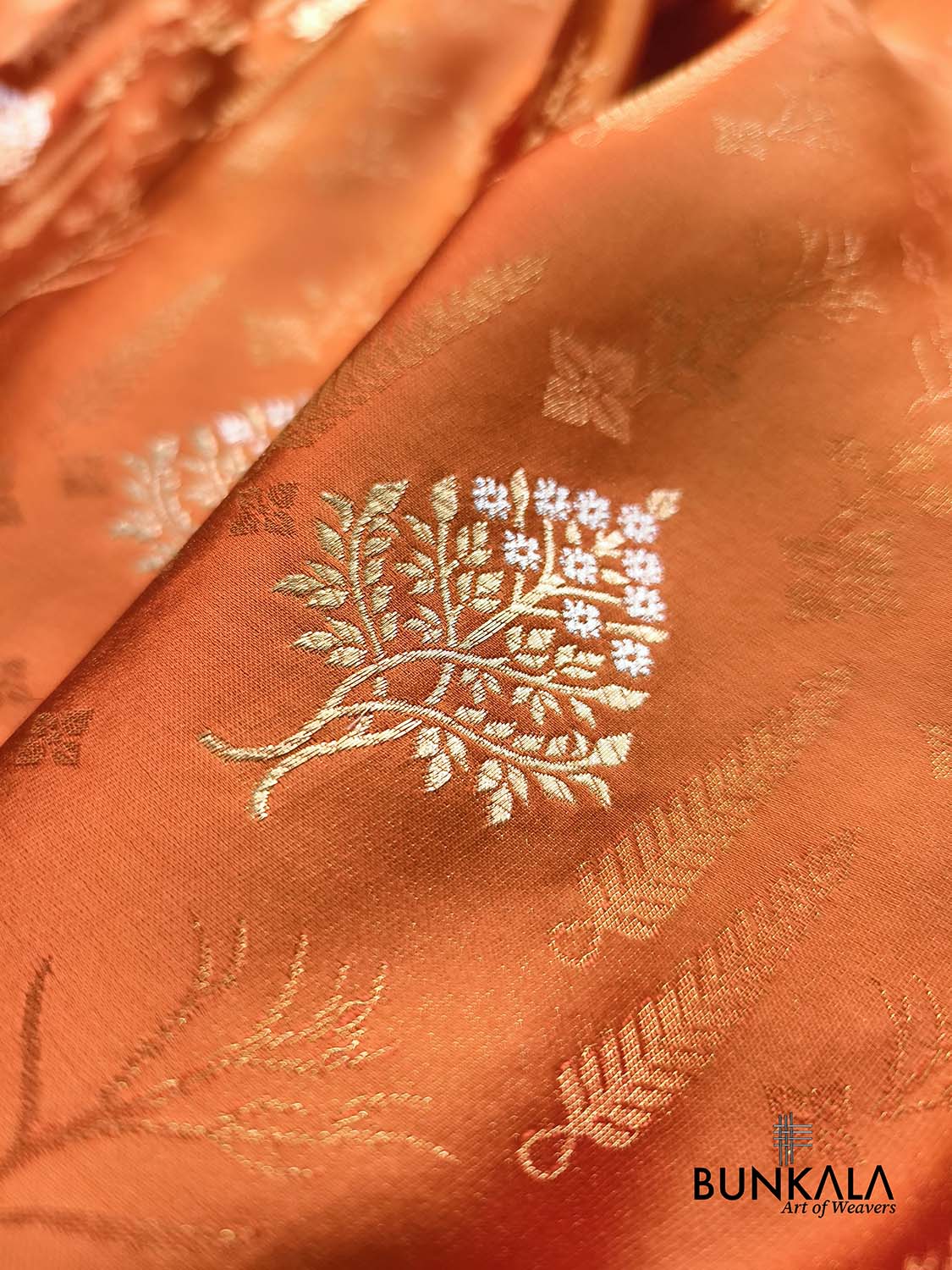 Rust Orange Woven Tree Motif Buta Konia Border Banarasi Mashru Silk Saree