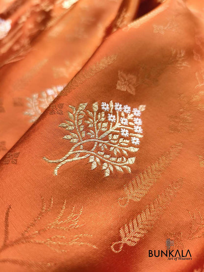 Rust Orange Woven Tree Motif Buta Konia Border Banarasi Mashru Silk Saree