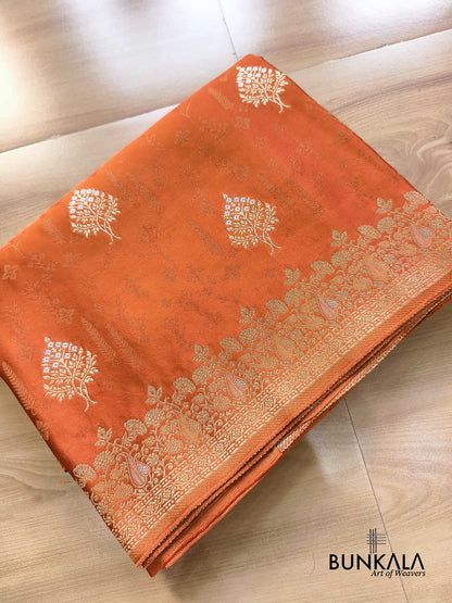 Rust Orange Woven Tree Motif Buta Konia Border Banarasi Mashru Silk Saree