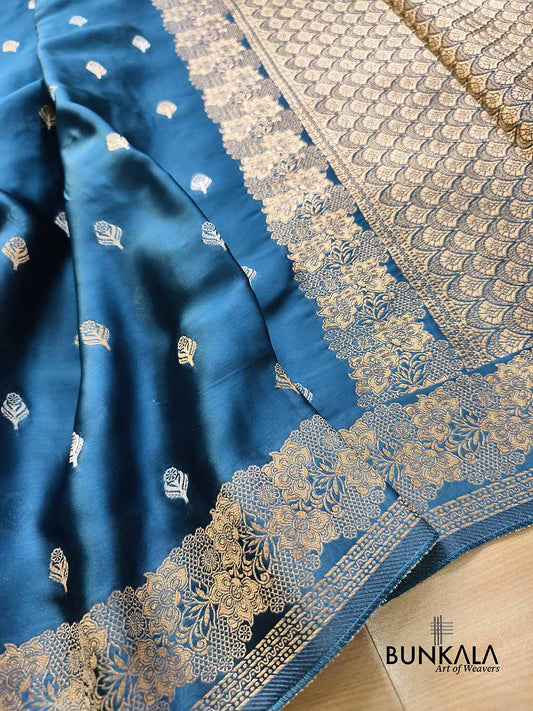 Teal Blue Floral Border Sona Rupa Buti Weaved Heavy Pallu Banarasi Mashru Silk Saree