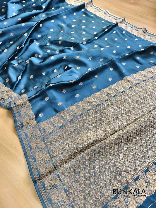 Teal Blue Floral Border Sona Rupa Buti Weaved Heavy Pallu Banarasi Mashru Silk Saree