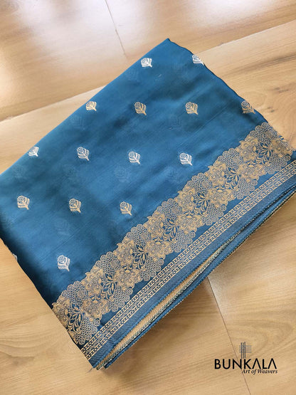 Teal Blue Floral Border Sona Rupa Buti Weaved Heavy Pallu Banarasi Mashru Silk Saree