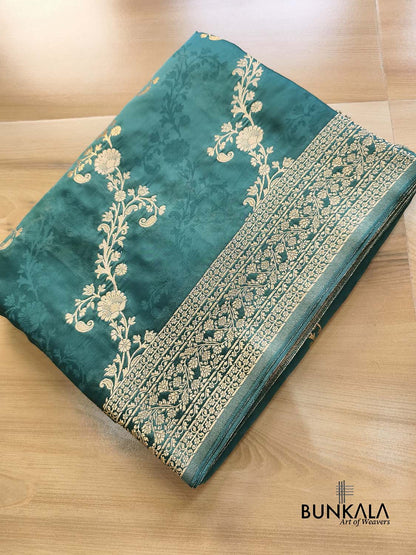 Bottle Green Floral Leheriya Vines Weaved Heavy Pallu Banarasi Mashru Silk Saree
