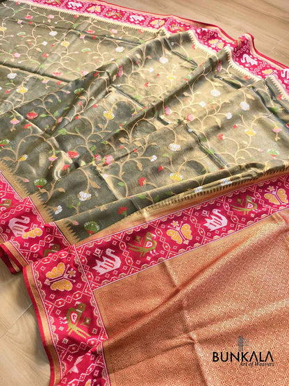 Masterpiece Grey Patola Banarasi Floral Jaal Meenakari Weaved Tissue Saree