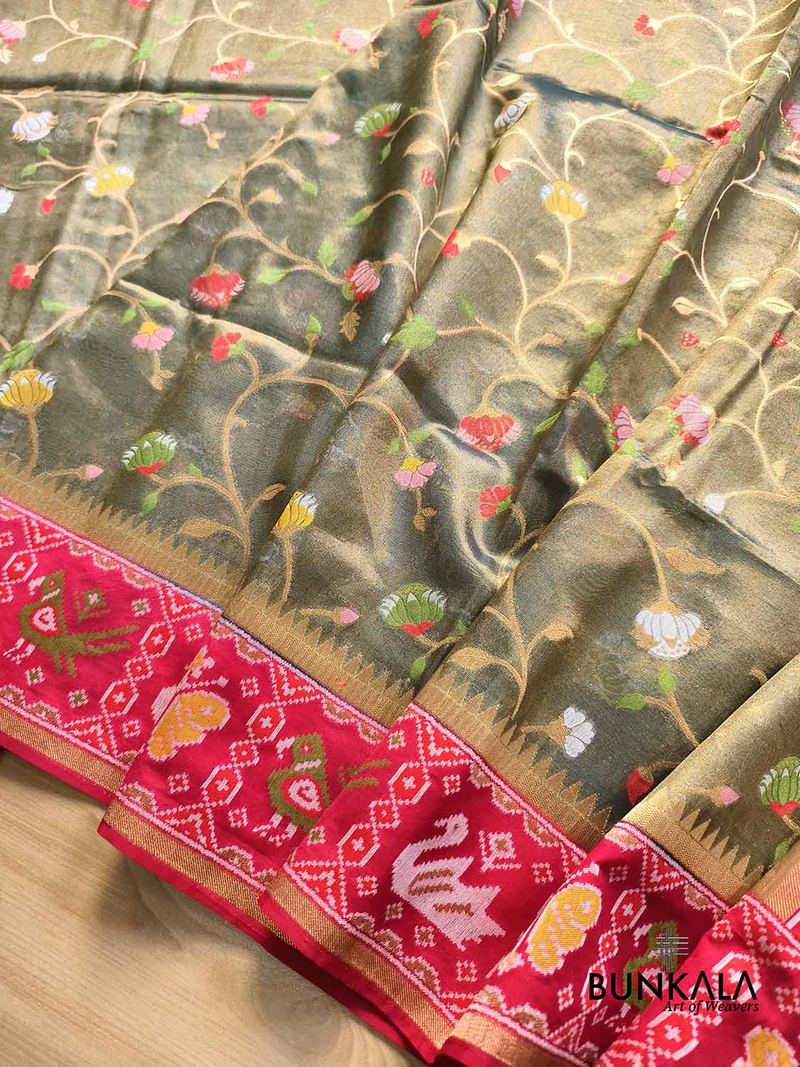 Masterpiece Grey Patola Banarasi Floral Jaal Meenakari Weaved Tissue Saree