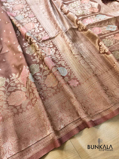 Cheeku Brown Pastel Floral Meenakari Weaved Banarasi Resham Silk Saree