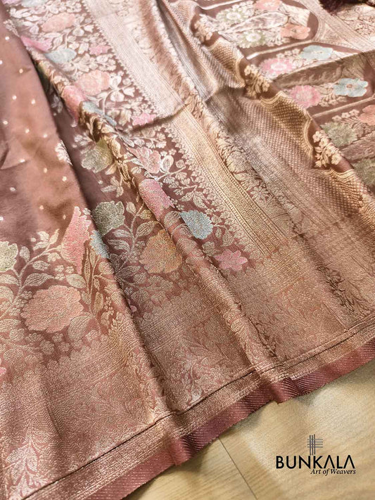 Cheeku Brown Pastel Floral Meenakari Weaved Banarasi Resham Silk Saree