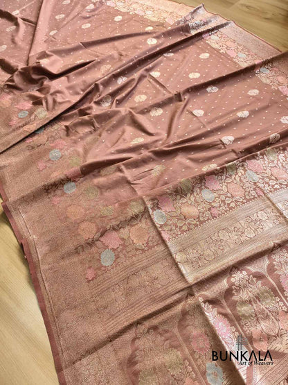 Cheeku Brown Pastel Floral Meenakari Weaved Banarasi Resham Silk Saree