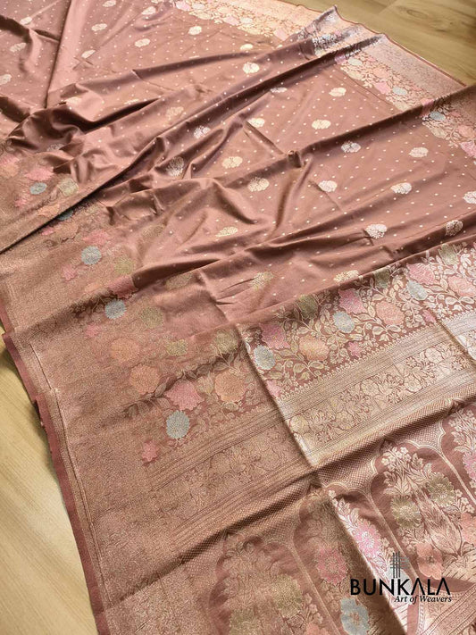 Cheeku Brown Pastel Floral Meenakari Weaved Banarasi Resham Silk Saree