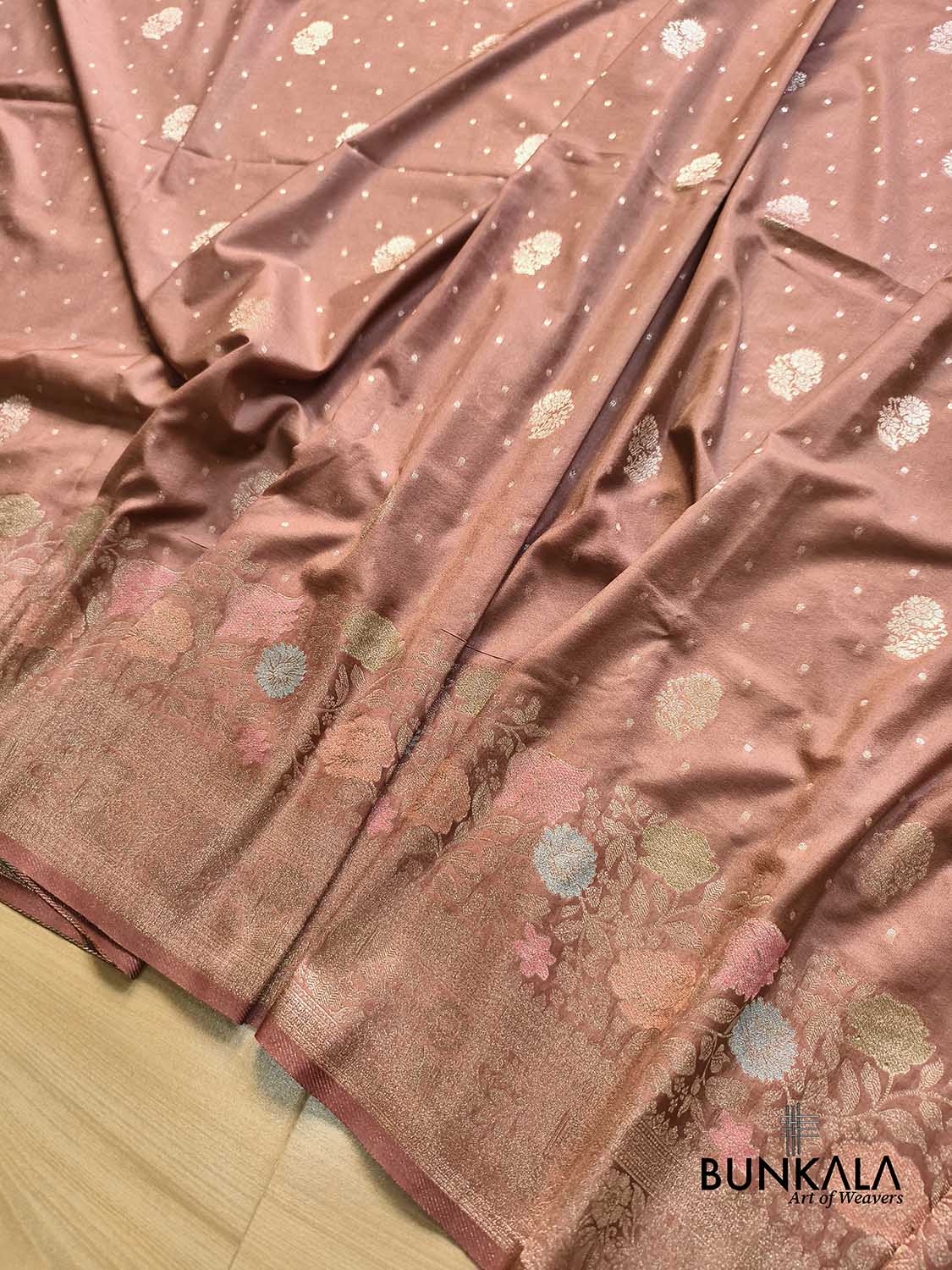 Cheeku Brown Pastel Floral Meenakari Weaved Banarasi Resham Silk Saree
