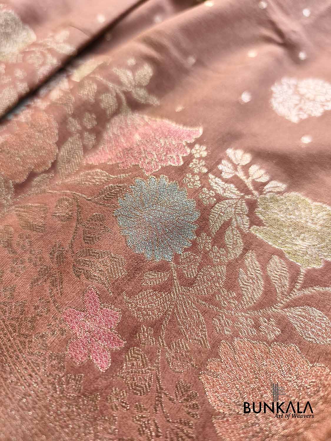 Cheeku Brown Pastel Floral Meenakari Weaved Banarasi Resham Silk Saree