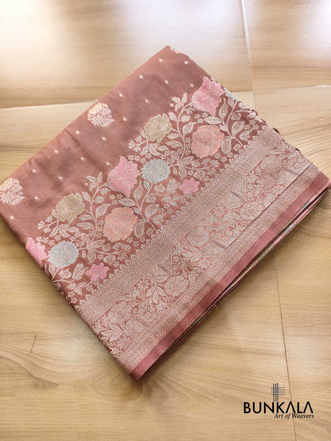 Cheeku Brown Pastel Floral Meenakari Weaved Banarasi Resham Silk Saree