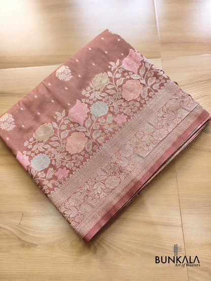 Cheeku Brown Pastel Floral Meenakari Weaved Banarasi Resham Silk Saree