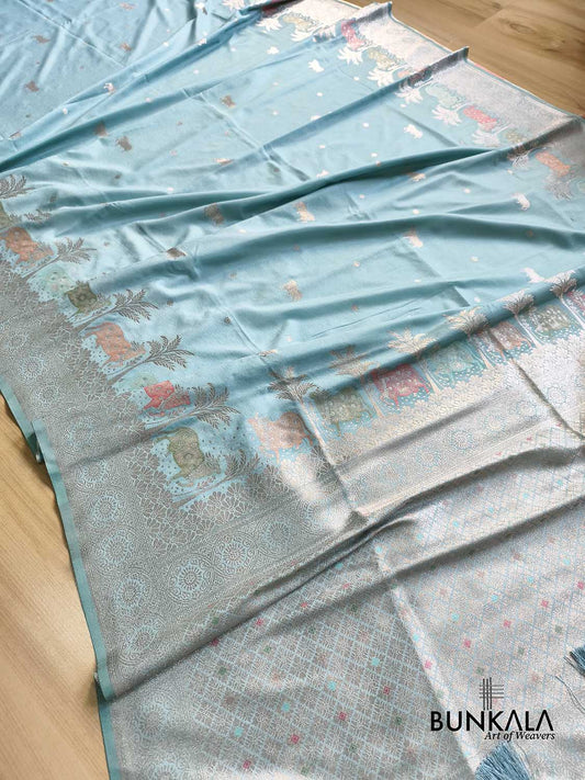 Light Sky Blue Cow & Tree Motif Weaved Banarasi Resham Silk Saree
