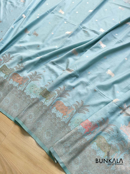 Light Sky Blue Cow & Tree Motif Weaved Banarasi Resham Silk Saree
