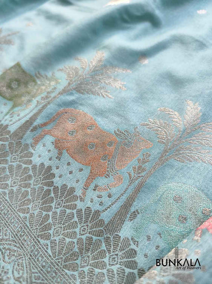 Light Sky Blue Cow & Tree Motif Weaved Banarasi Resham Silk Saree