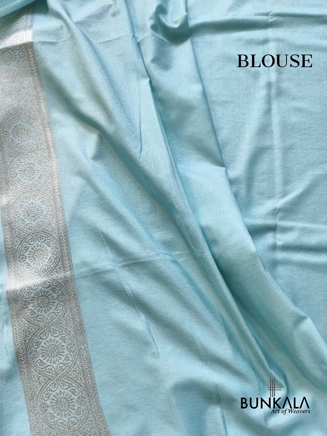 Light Sky Blue Cow & Tree Motif Weaved Banarasi Resham Silk Saree