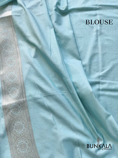 Light Sky Blue Cow & Tree Motif Weaved Banarasi Resham Silk Saree