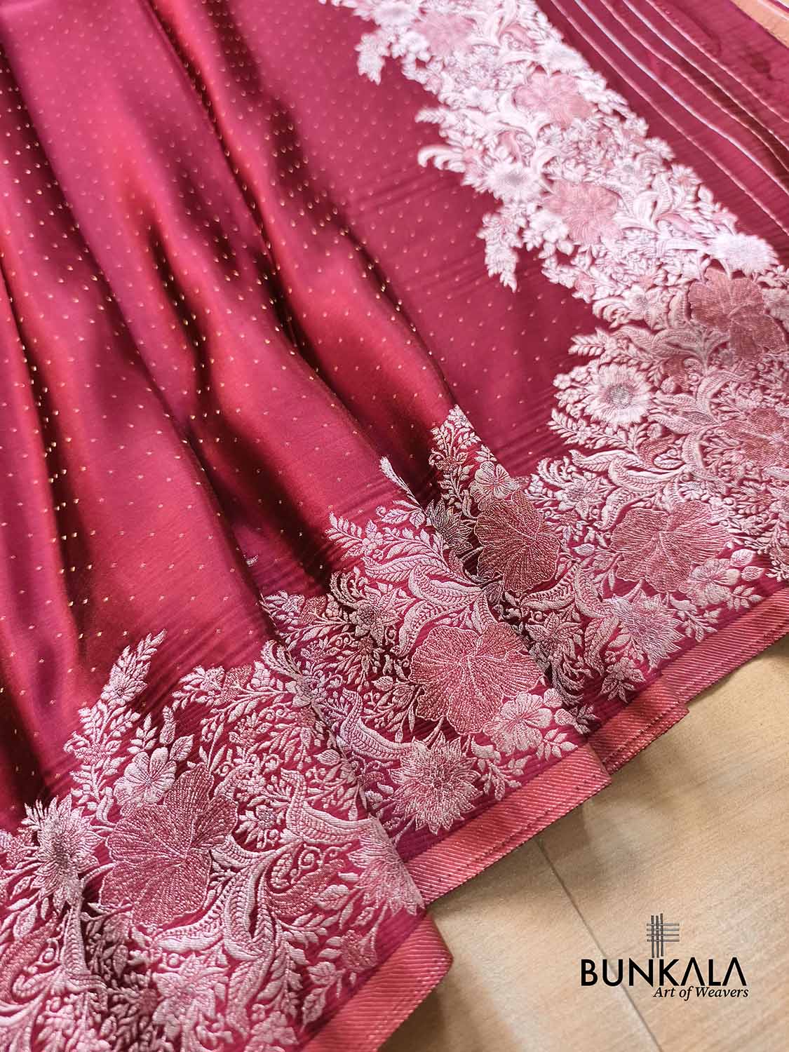 Deep Burgundy Silver Zari Heritage Design Weaved Banarasi Mashru Silk Saree