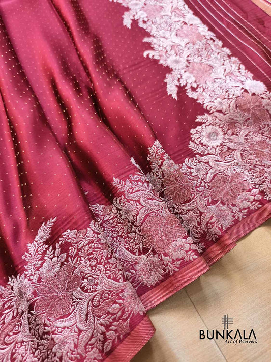 Deep Burgundy Silver Zari Heritage Design Weaved Banarasi Mashru Silk Saree