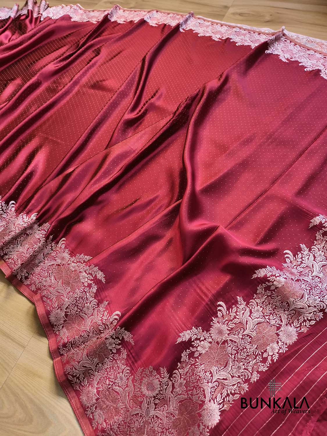 Deep Burgundy Silver Zari Heritage Design Weaved Banarasi Mashru Silk Saree