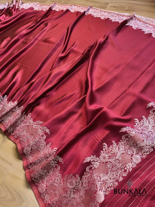 Deep Burgundy Silver Zari Heritage Design Weaved Banarasi Mashru Silk Saree
