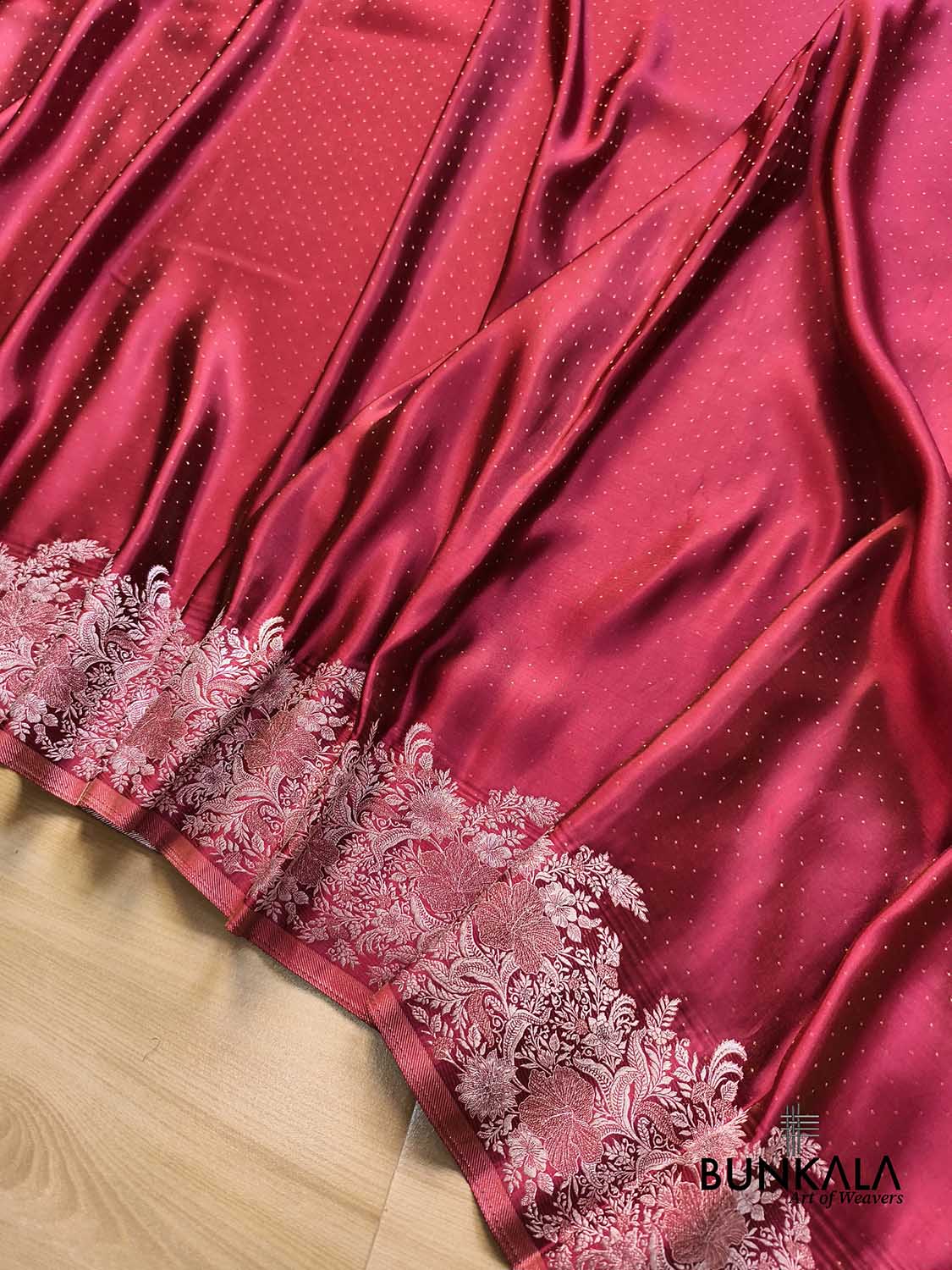 Deep Burgundy Silver Zari Heritage Design Weaved Banarasi Mashru Silk Saree