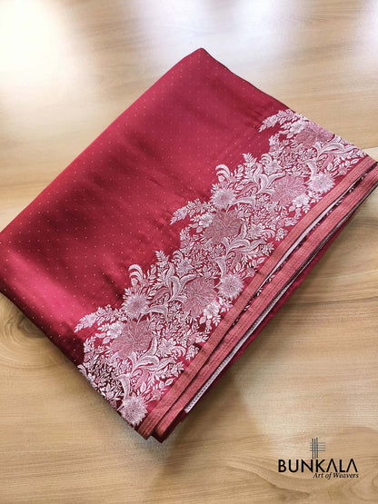 Deep Burgundy Silver Zari Heritage Design Weaved Banarasi Mashru Silk Saree