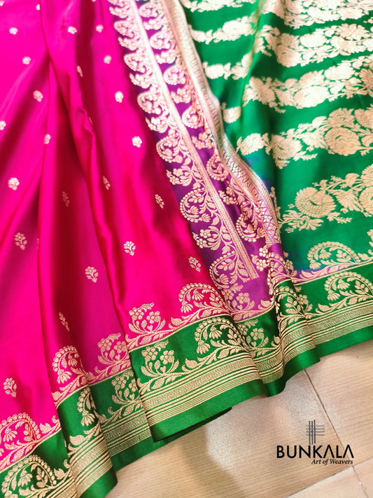 Hot Pink with Green Contrast Buti Banarasi Mashru Silk Saree