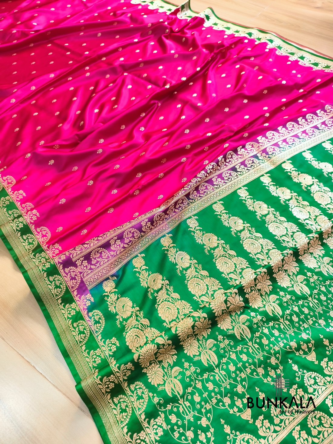 Hot Pink with Green Contrast Buti Banarasi Mashru Silk Saree