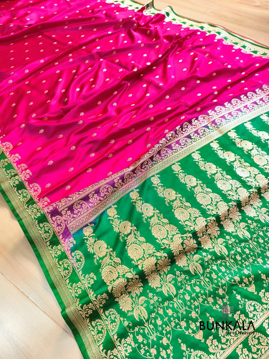 Hot Pink with Green Contrast Buti Banarasi Mashru Silk Saree