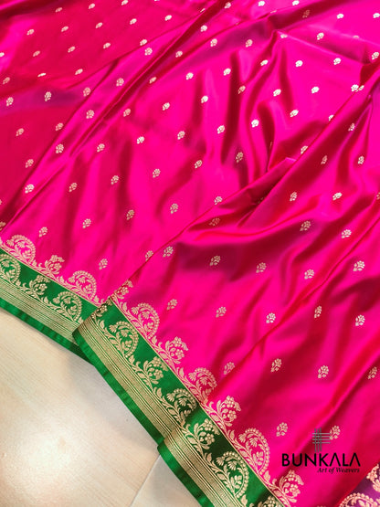 Hot Pink with Green Contrast Buti Banarasi Mashru Silk Saree
