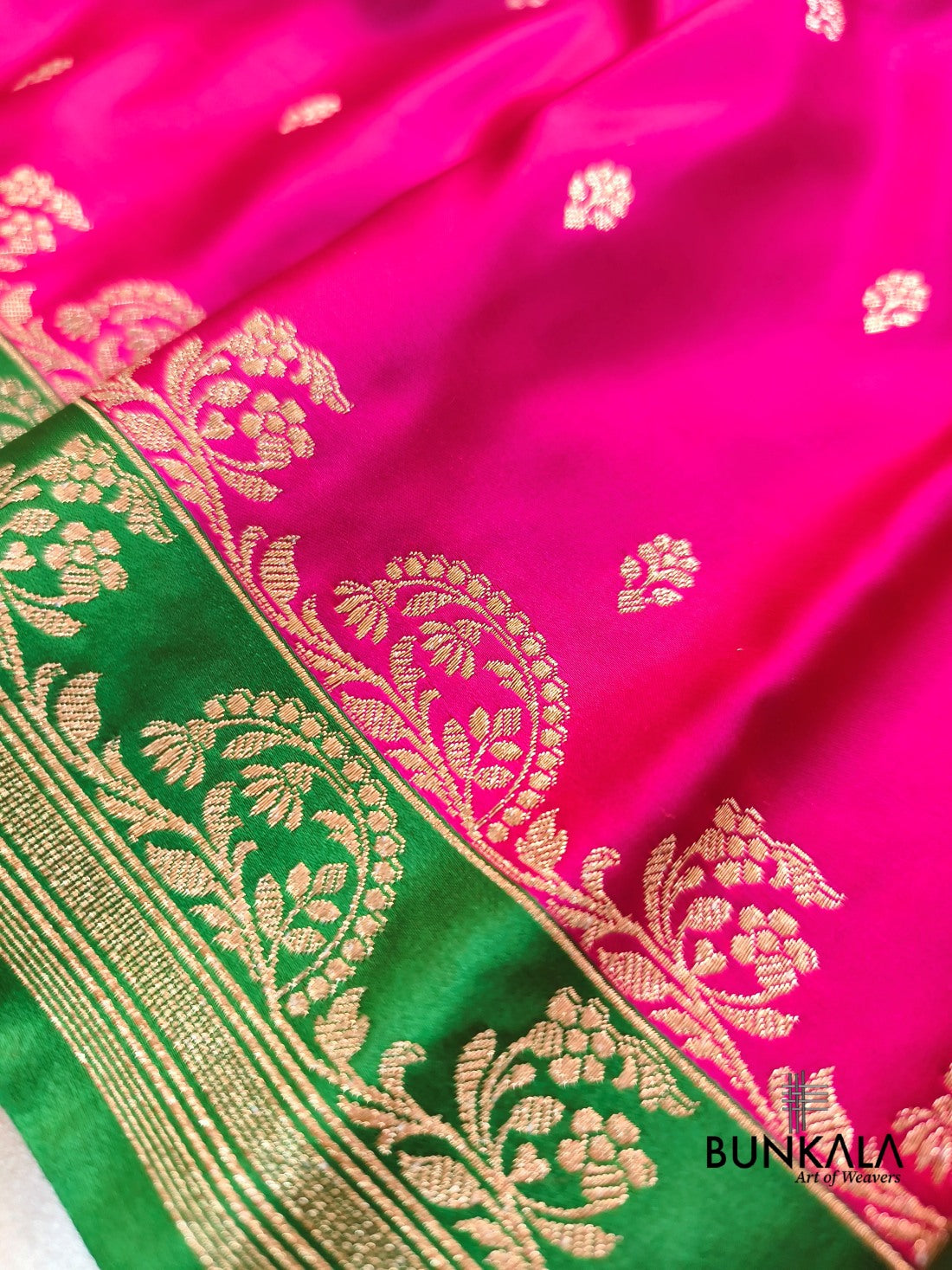 Hot Pink with Green Contrast Buti Banarasi Mashru Silk Saree