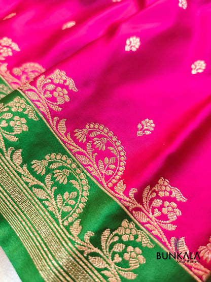 Hot Pink with Green Contrast Buti Banarasi Mashru Silk Saree
