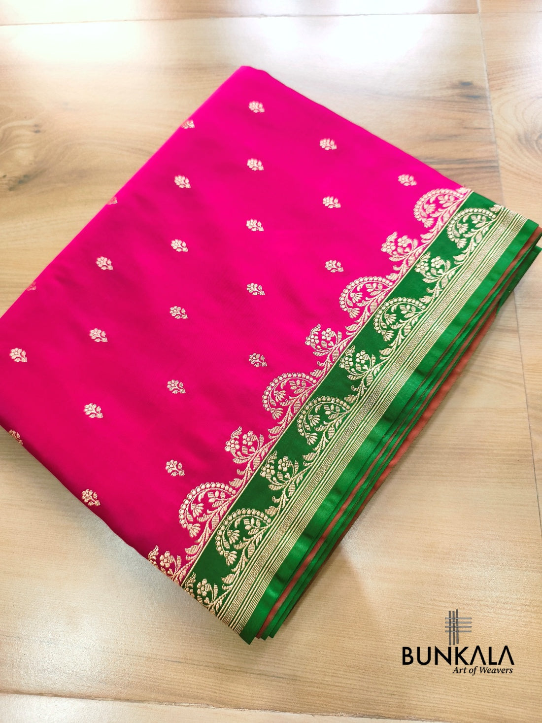 Hot Pink with Green Contrast Buti Banarasi Mashru Silk Saree